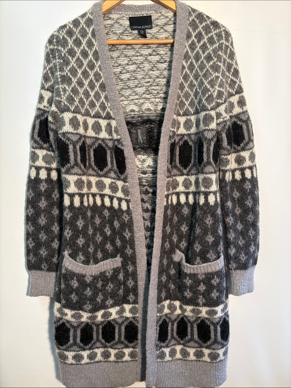 Cynthia Rowley Gray and Cream Geometric Open-Front Long Cardigan